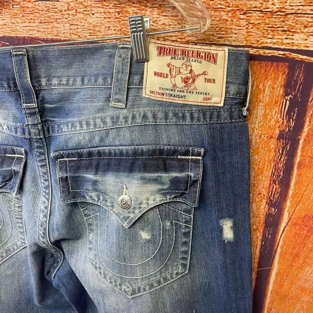 True Religion World Tour Section Straight Distressed Denim Jeans Sz 44 x 34